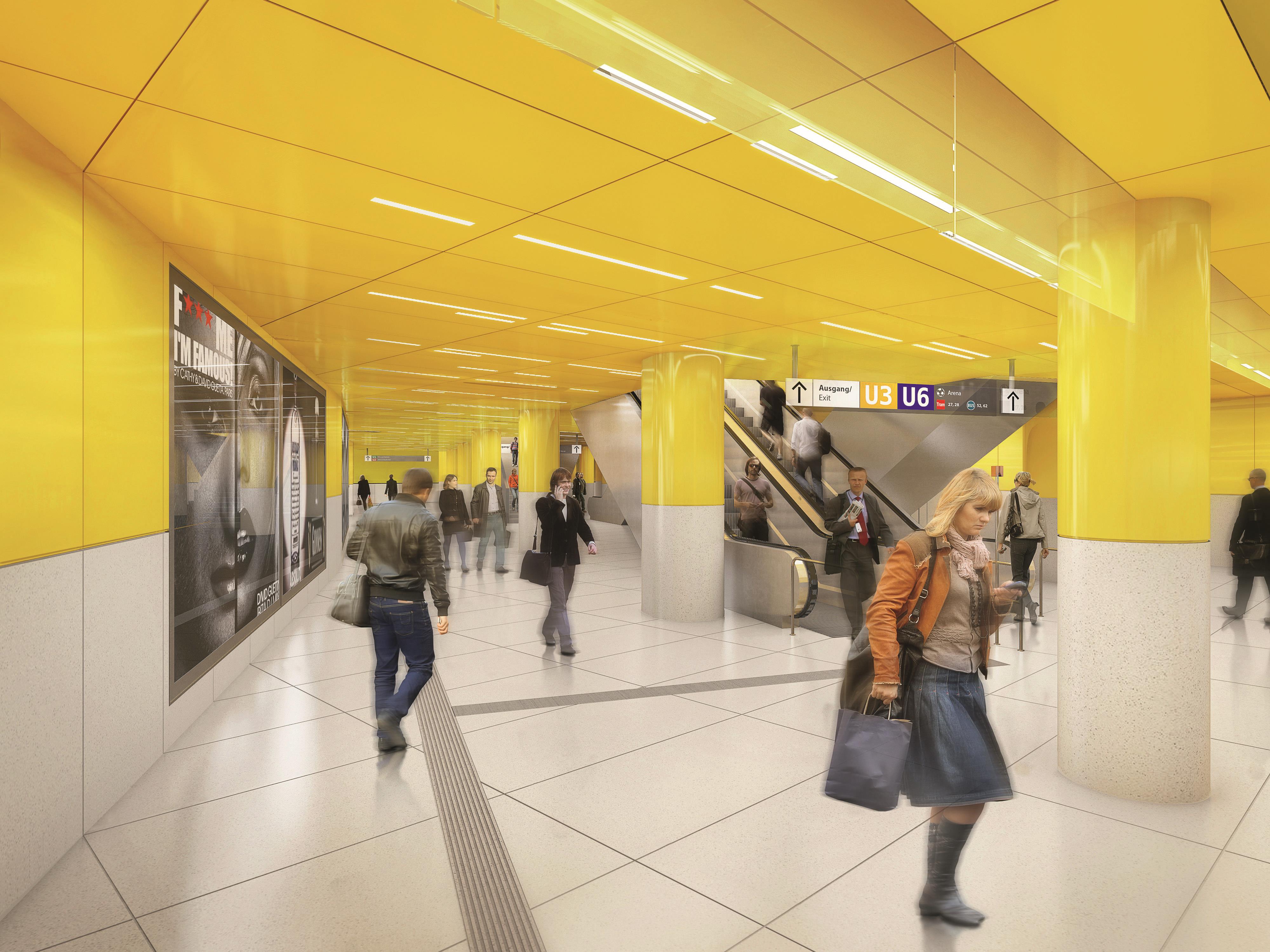Frische kräftige Farben zur Orientierung: Die Computer-Animationen zeigen, wie die Fahrgäste künftig die Ebenen der Station Sendlinger Tor wahrnehmen.
